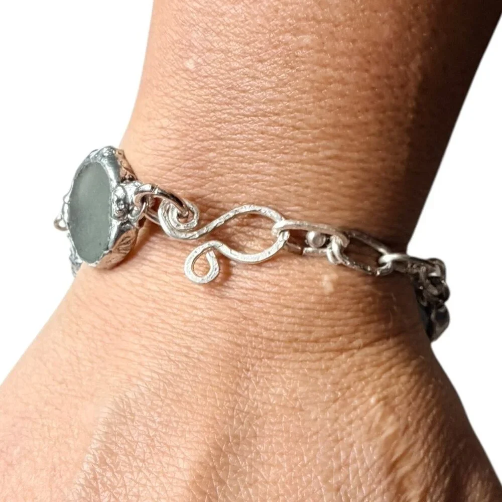 Handcrafted Sea Glass & Silver Blend Hammered Bracelet With Unique Findings